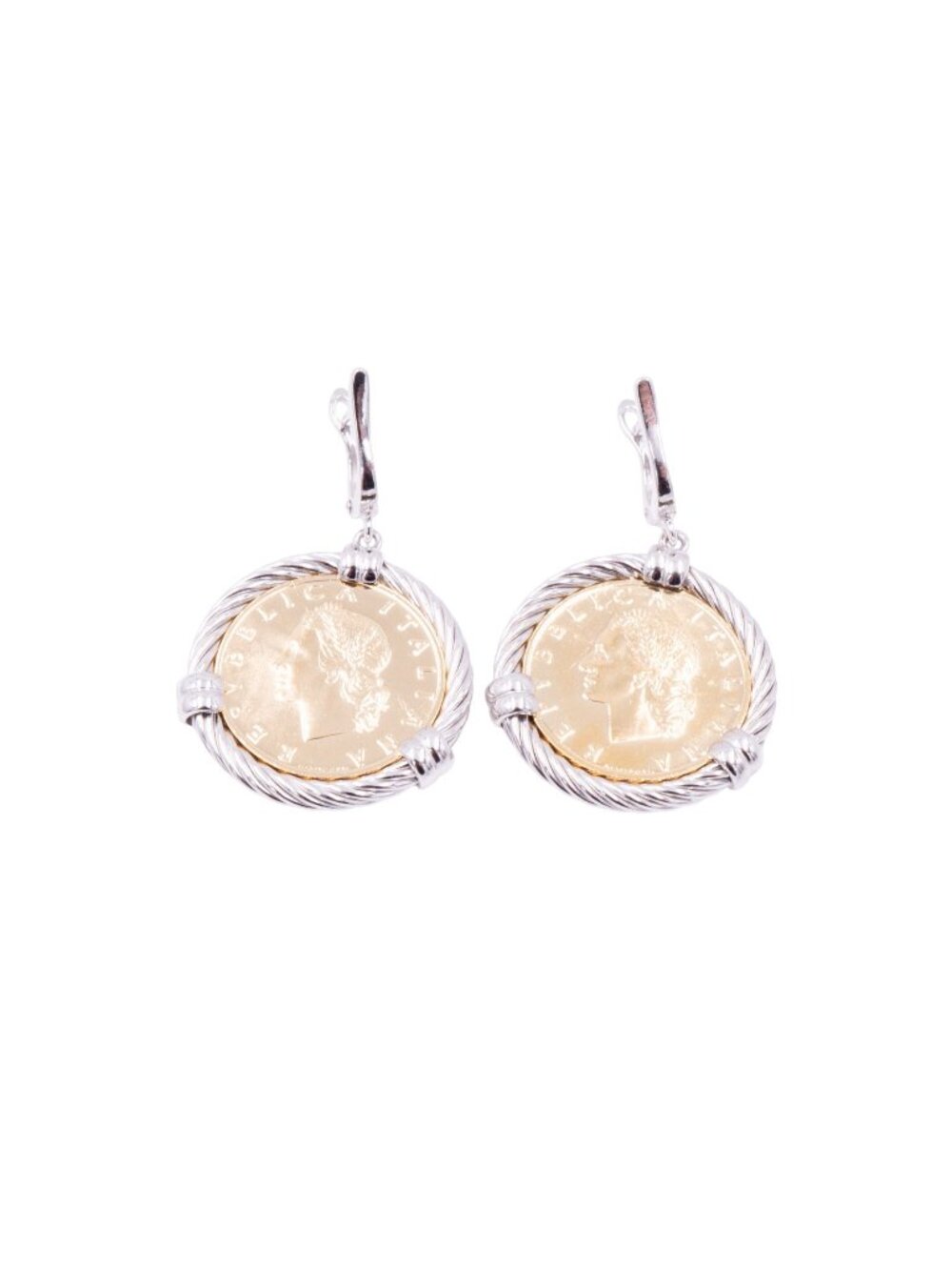 1968 Italian 20 Lire Coin Sterling Silver Dangle Earrings 1.75 Inch Gold Plated